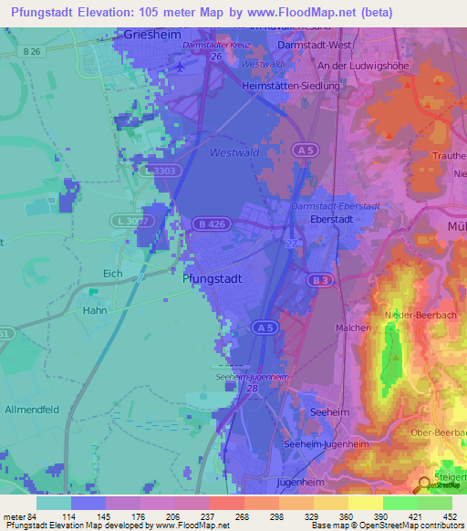 Pfungstadt,Germany Elevation Map