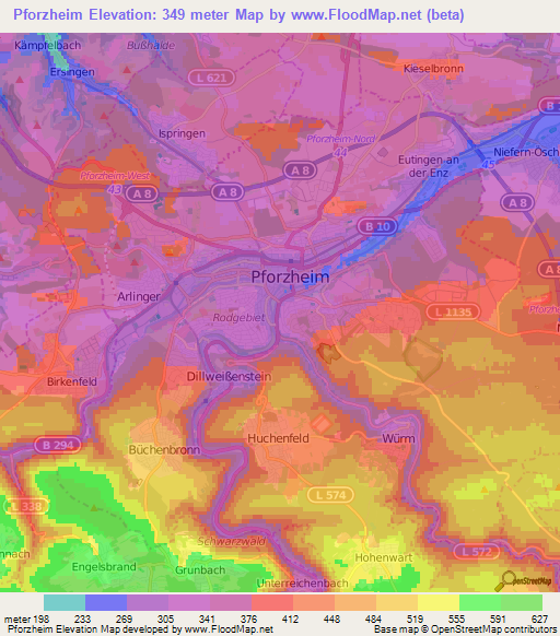 Pforzheim,Germany Elevation Map