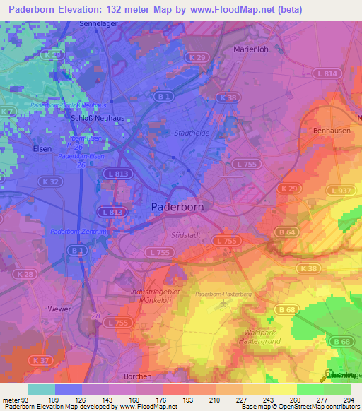 Paderborn,Germany Elevation Map