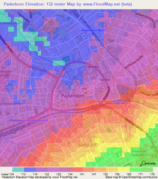 Paderborn,Germany Elevation Map