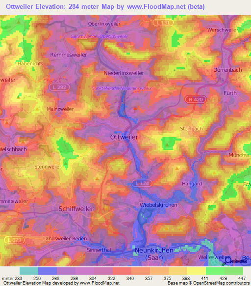 Ottweiler,Germany Elevation Map