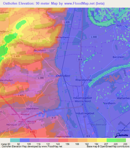 Osthofen,Germany Elevation Map
