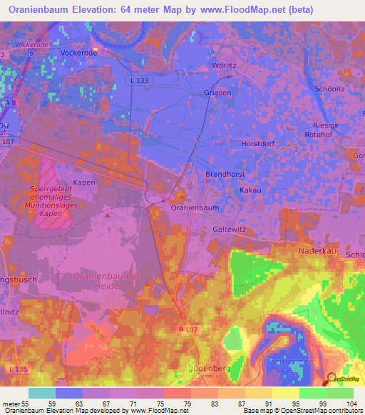 Oranienbaum,Germany Elevation Map