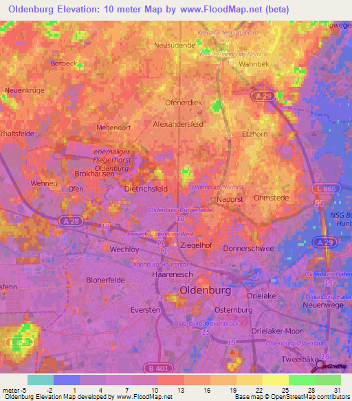 Oldenburg,Germany Elevation Map