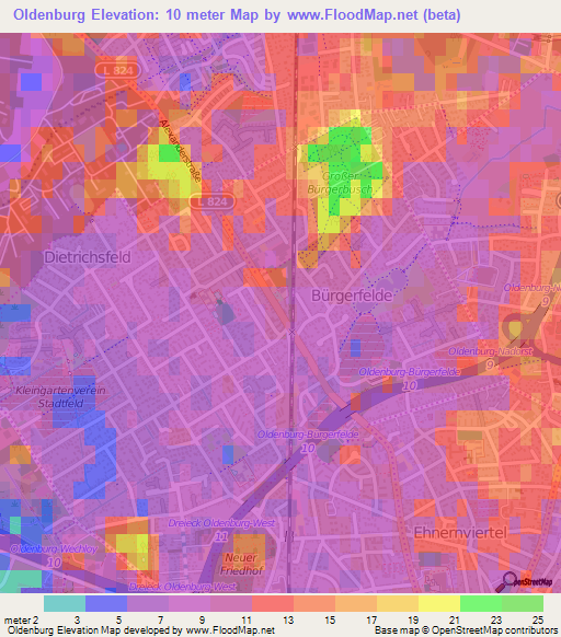 Oldenburg,Germany Elevation Map