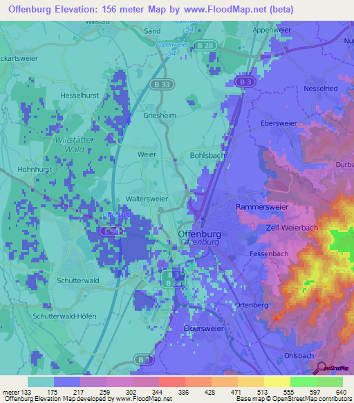Offenburg,Germany Elevation Map