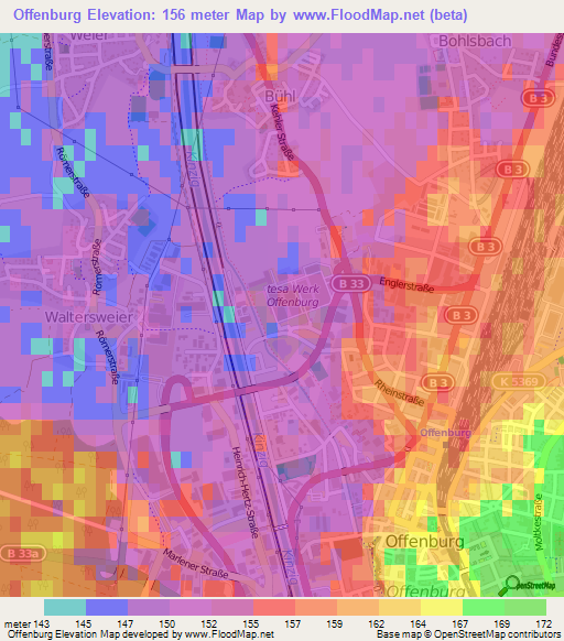 Offenburg,Germany Elevation Map