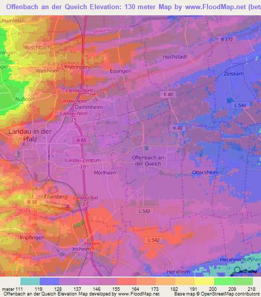 Offenbach an der Queich,Germany Elevation Map