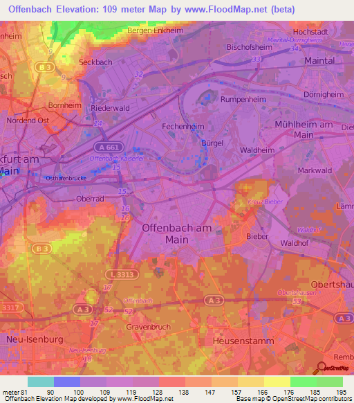 Offenbach,Germany Elevation Map