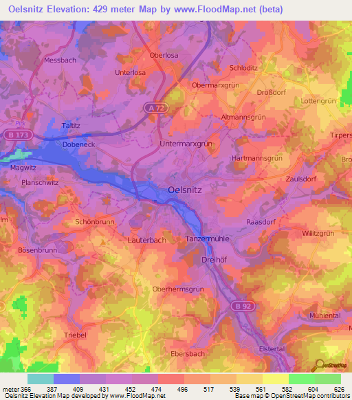 Oelsnitz,Germany Elevation Map