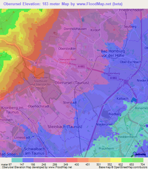 Oberursel,Germany Elevation Map