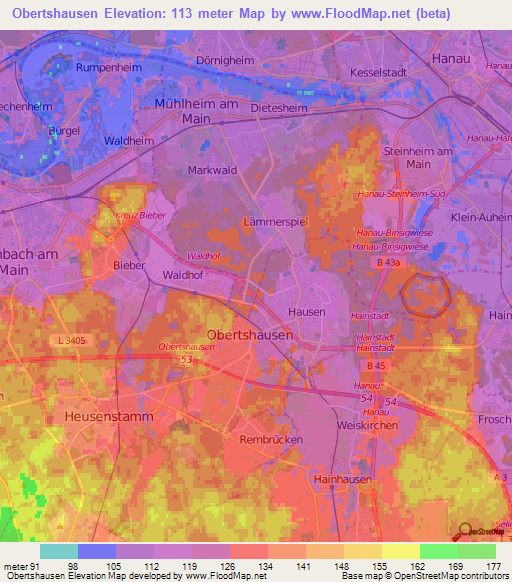 Obertshausen,Germany Elevation Map