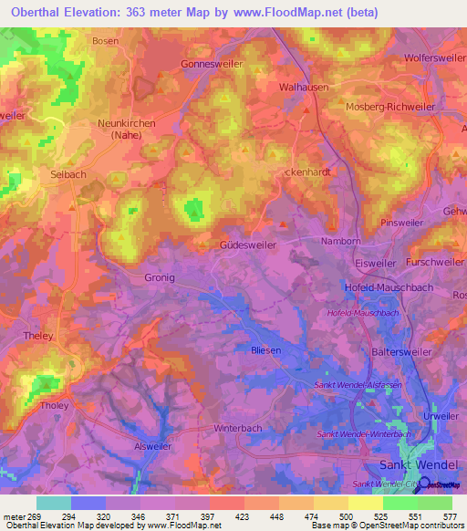 Oberthal,Germany Elevation Map