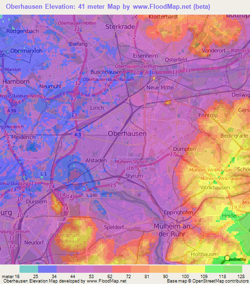 Oberhausen,Germany Elevation Map