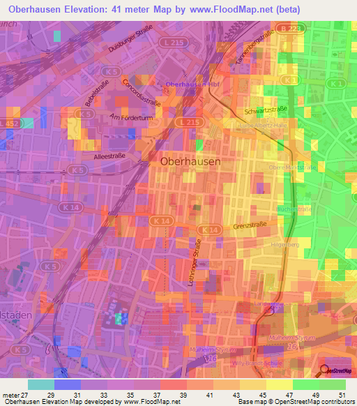 Oberhausen,Germany Elevation Map