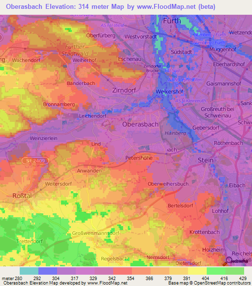 Oberasbach,Germany Elevation Map