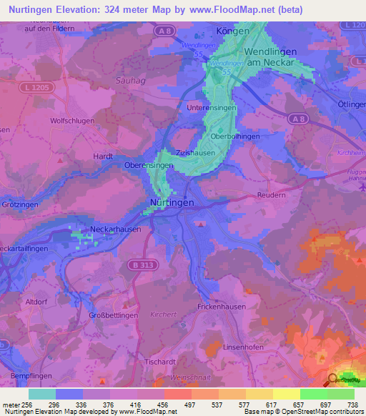 Nurtingen,Germany Elevation Map