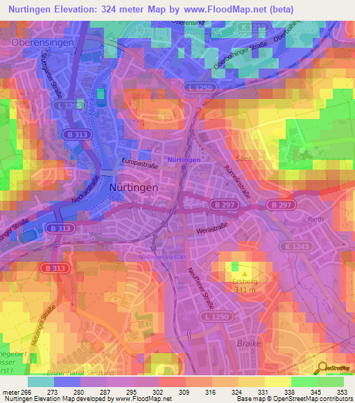 Nurtingen,Germany Elevation Map