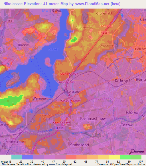 Nikolassee,Germany Elevation Map