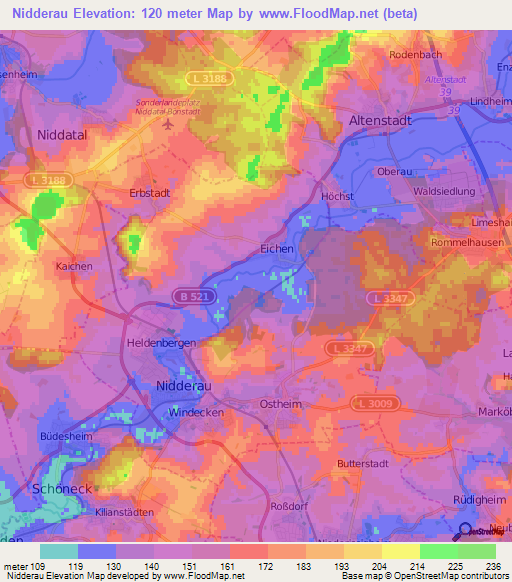 Nidderau,Germany Elevation Map