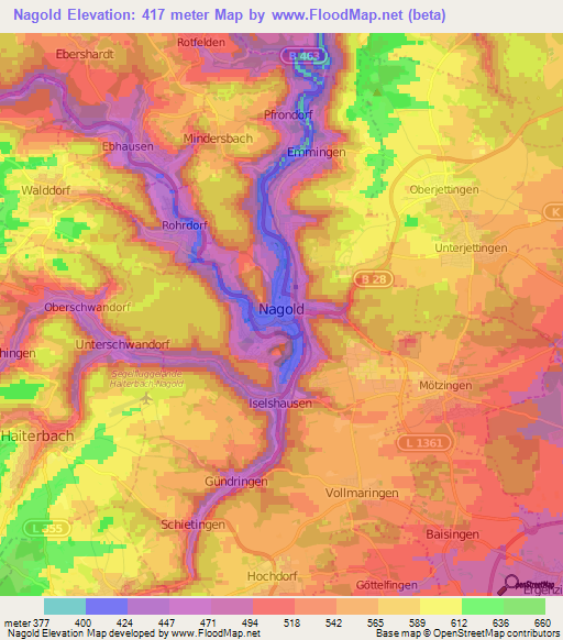 Nagold,Germany Elevation Map