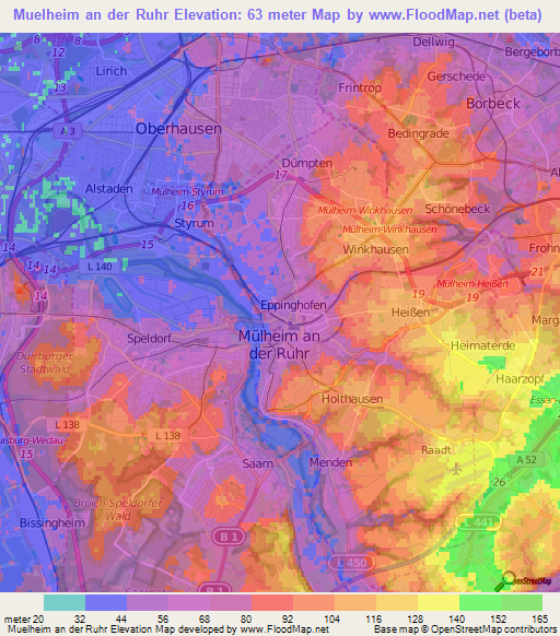 Muelheim an der Ruhr,Germany Elevation Map