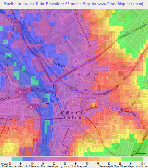 Muelheim an der Ruhr,Germany Elevation Map