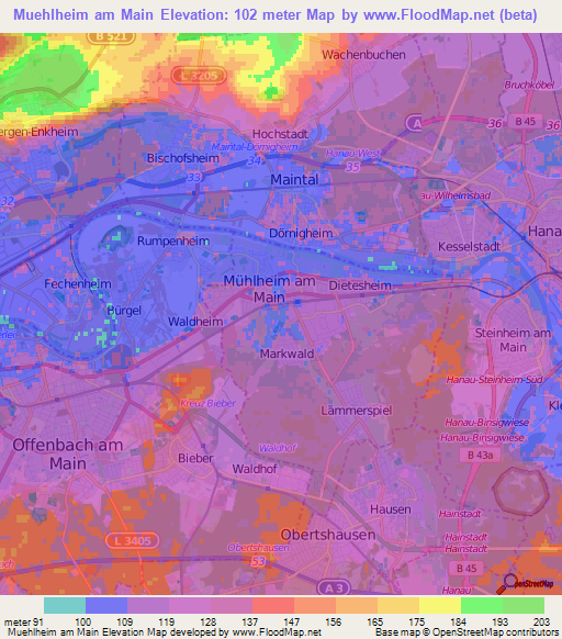 Muehlheim am Main,Germany Elevation Map