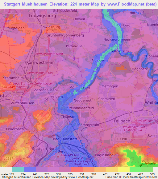 Stuttgart Muehlhausen,Germany Elevation Map