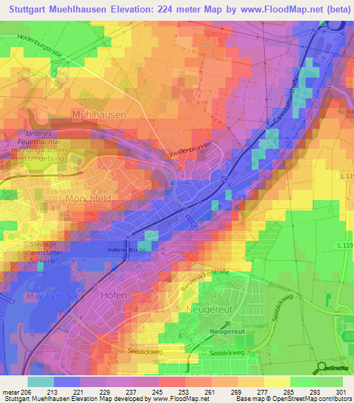 Stuttgart Muehlhausen,Germany Elevation Map