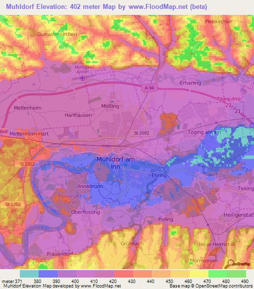 Muhldorf,Germany Elevation Map