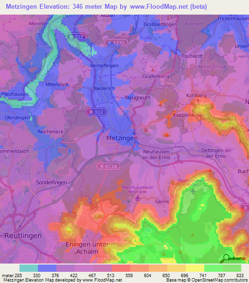 Metzingen,Germany Elevation Map