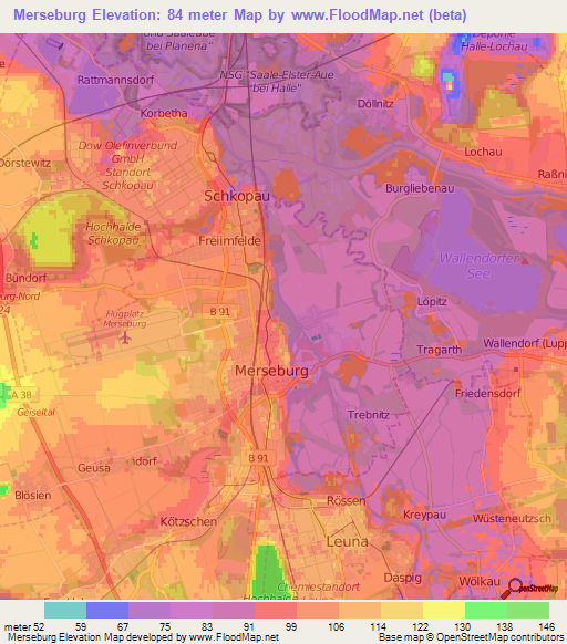 Merseburg,Germany Elevation Map