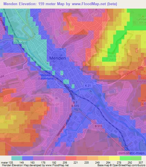 Menden,Germany Elevation Map