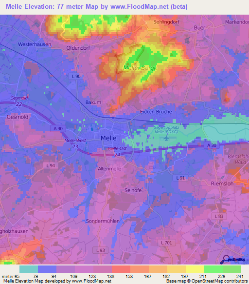 Melle,Germany Elevation Map