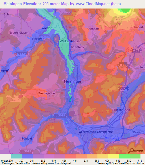 Meiningen,Germany Elevation Map