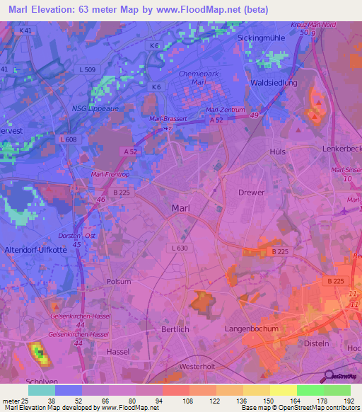 Marl,Germany Elevation Map