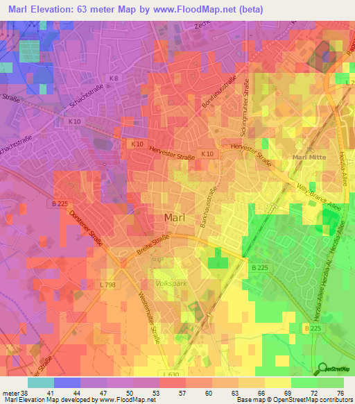 Marl,Germany Elevation Map