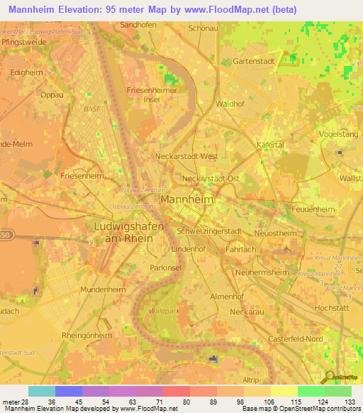 Mannheim,Germany Elevation Map