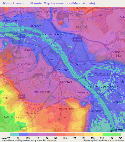 Mainz,Germany Elevation Map