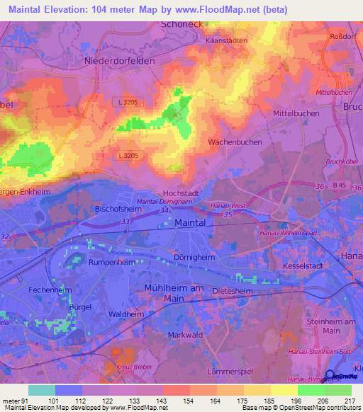 Maintal,Germany Elevation Map