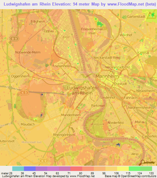 Ludwigshafen am Rhein,Germany Elevation Map