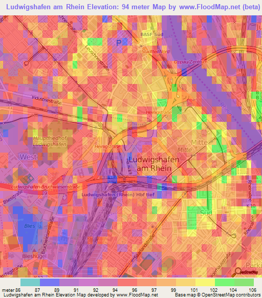 Ludwigshafen am Rhein,Germany Elevation Map