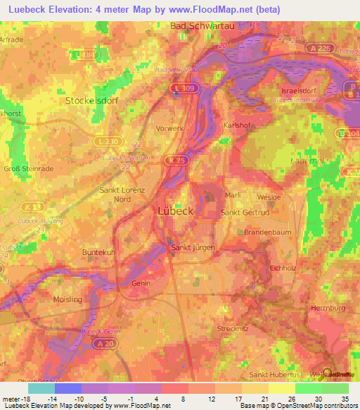 Luebeck,Germany Elevation Map