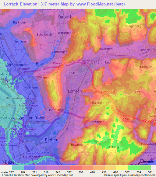 Lorrach,Germany Elevation Map