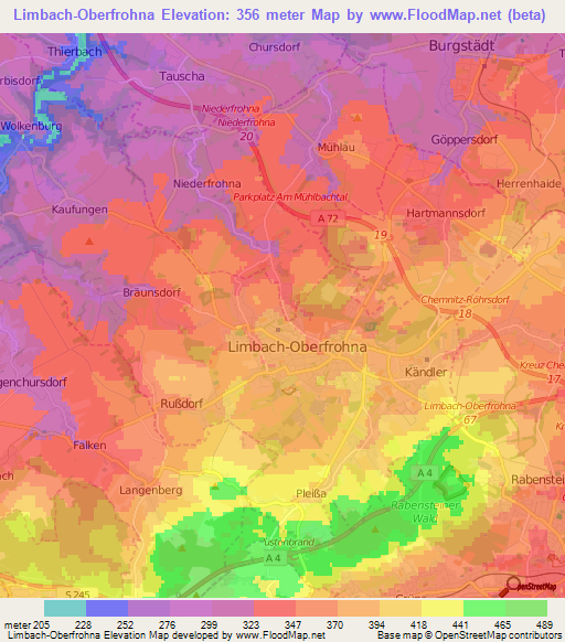 Limbach-Oberfrohna,Germany Elevation Map