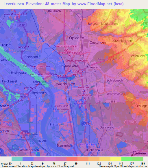 Leverkusen,Germany Elevation Map