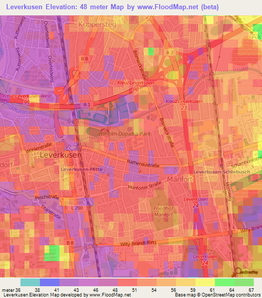 Leverkusen,Germany Elevation Map