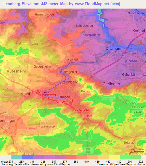 Leonberg,Germany Elevation Map