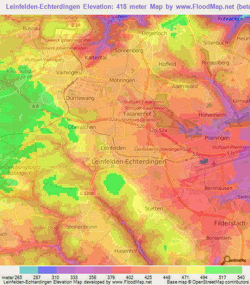 Leinfelden-Echterdingen,Germany Elevation Map